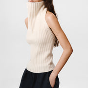 HIGH COLLAR RIB KNITTED TOP | MILK